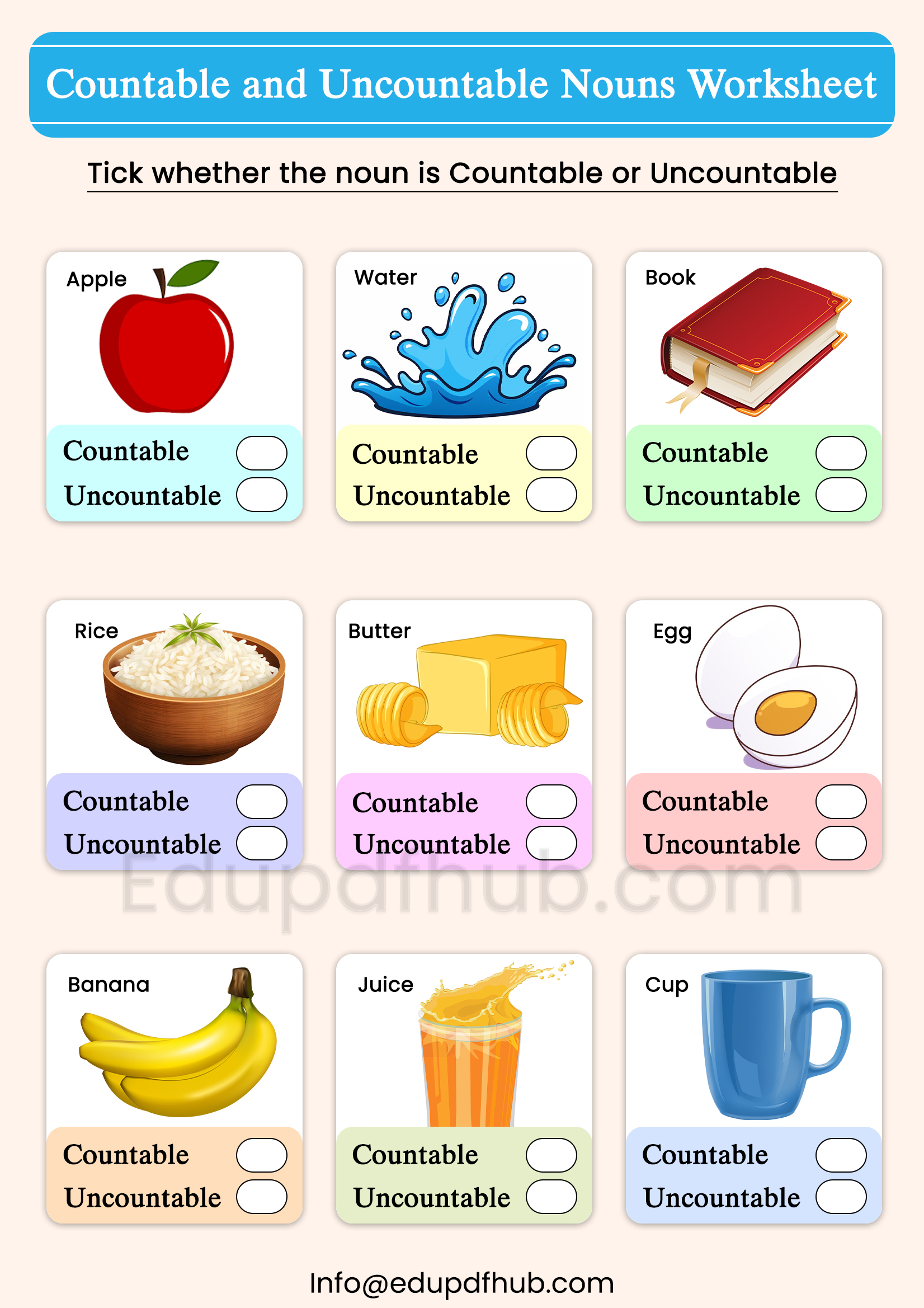 Countable and Uncountable Nouns Worksheet